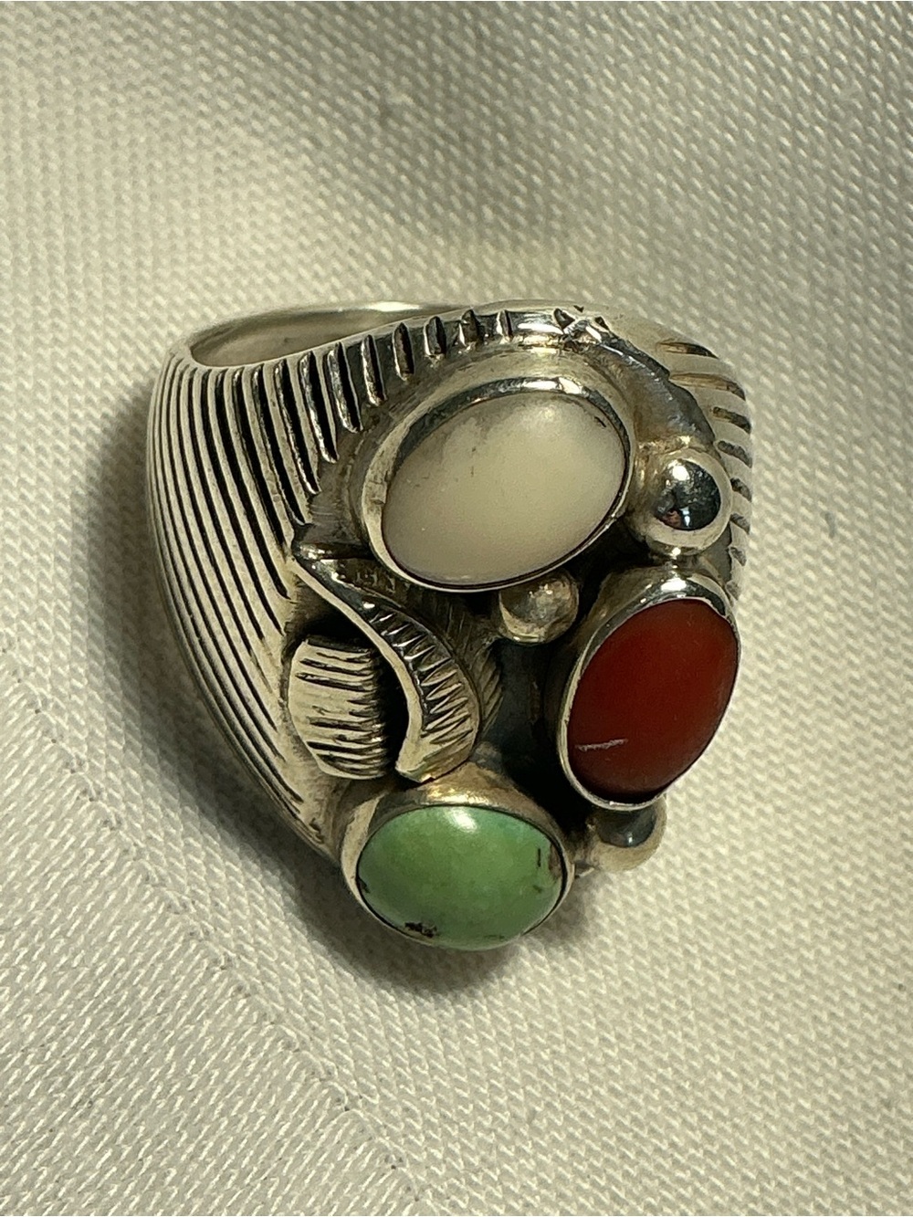 Navajo Sterling Silver Dome Ring Size 10 Mary Claw Turquoise, Agate & Coral VTG